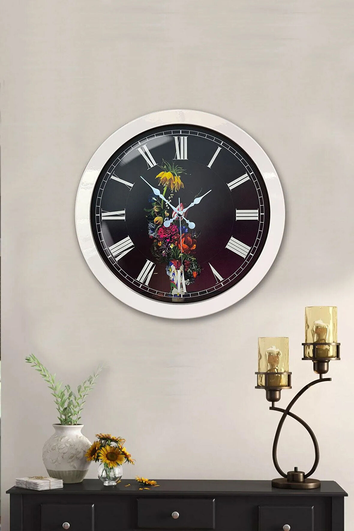 Hediyelik 36 Cm Beyaz Metal Vazolu Çiçek Duvar Saati