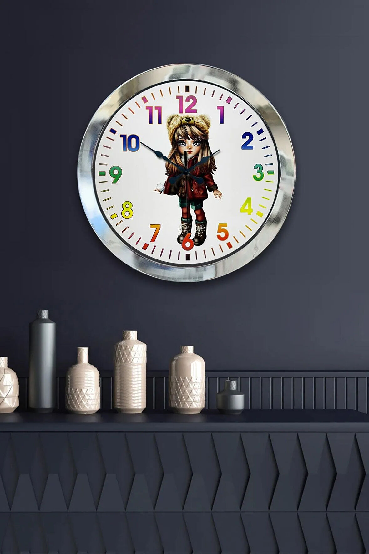 Hediyelik 36 Cm Krom Metal Genç Kız Duvar Saati