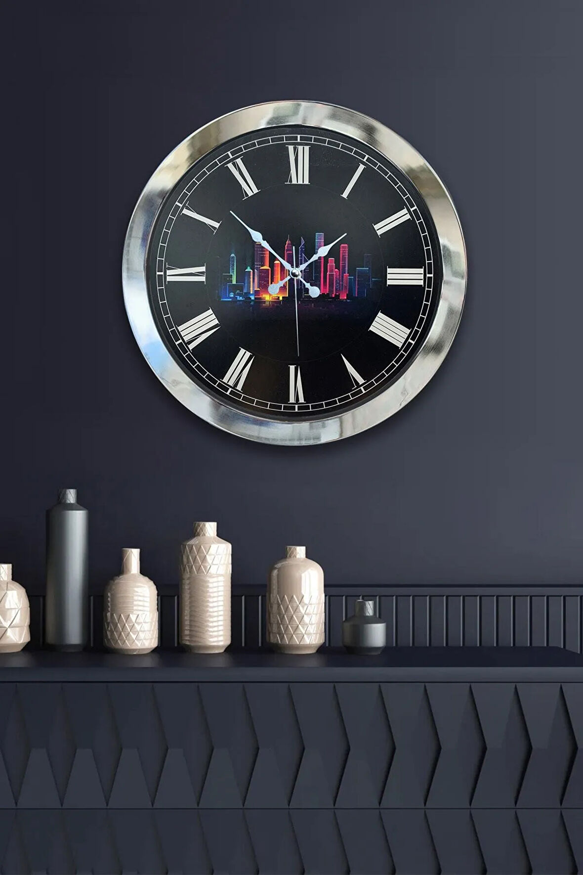 Hediyelik 36 Cm Krom Metal Gökdelenler Duvar Saati