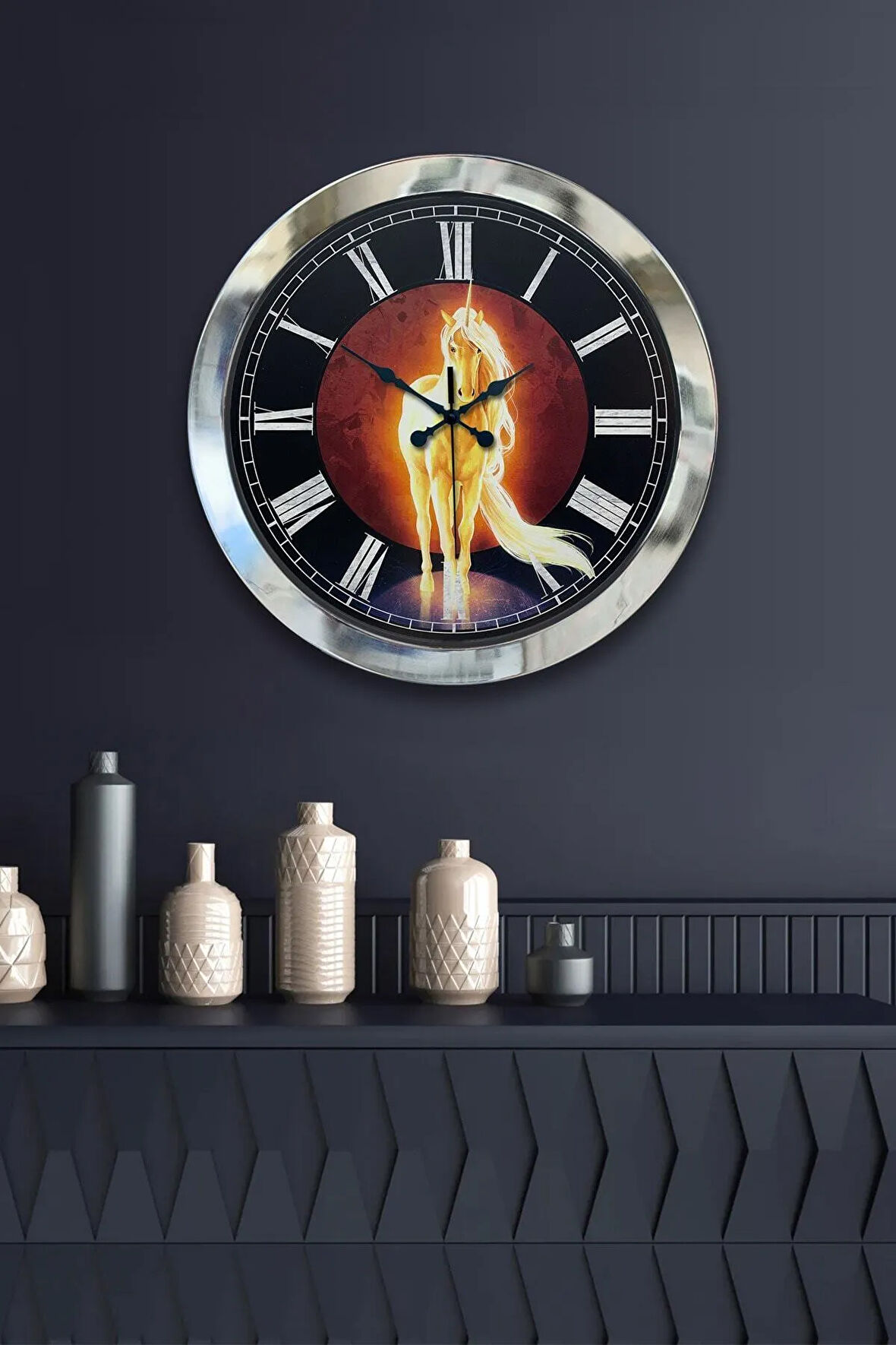 Hediyelik 36 Cm Krom Metal Horse Duvar Saati