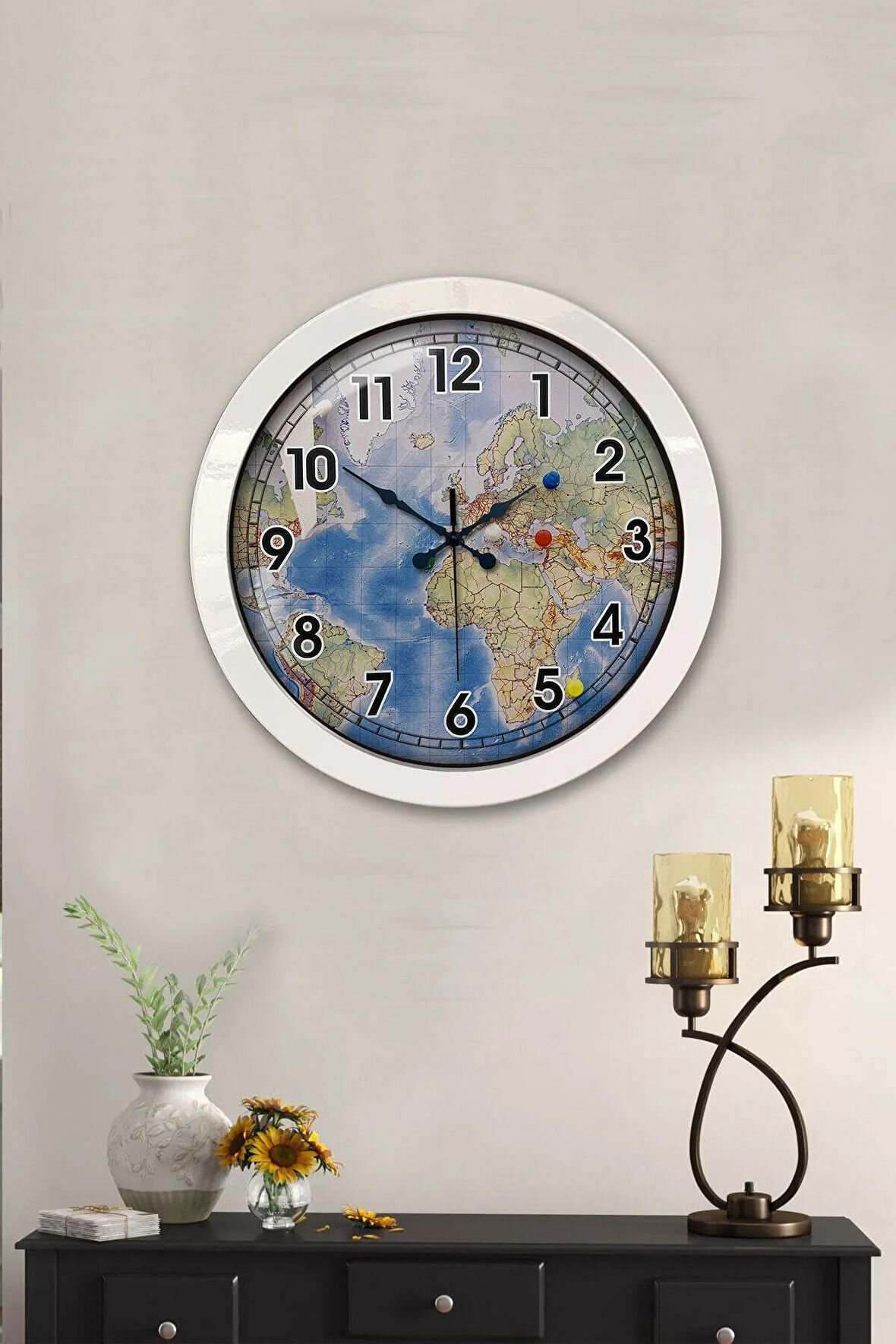 Hediyelik 36 Cm Beyaz Metal Harita Duvar Saati