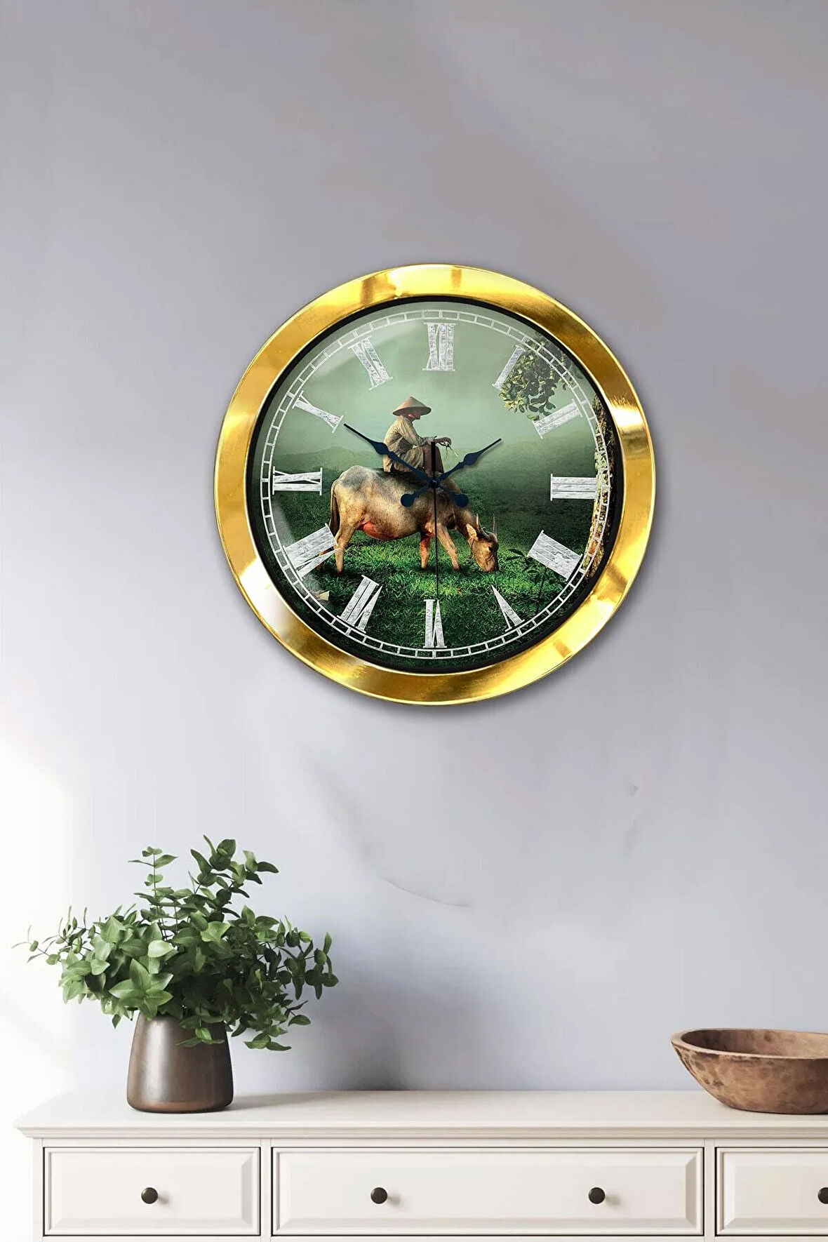 Hediyelik 36 Cm Gold Metal Doğa Duvar Saati