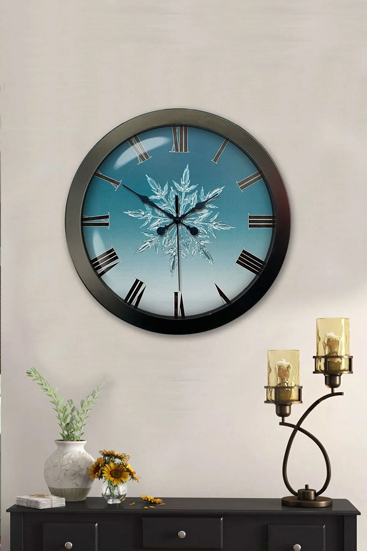 Hediyelik 36 Cm Siyah Metal Kar Tanesi Duvar Saati