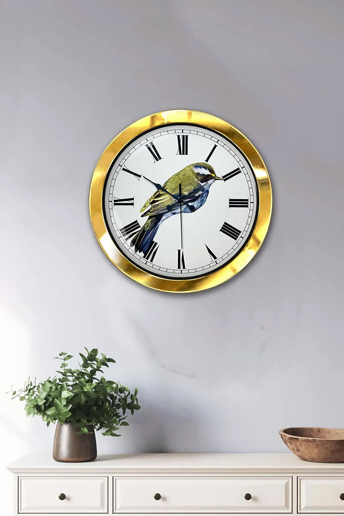 Hediyelik 36 Cm Gold Metal Kuş Duvar Saati