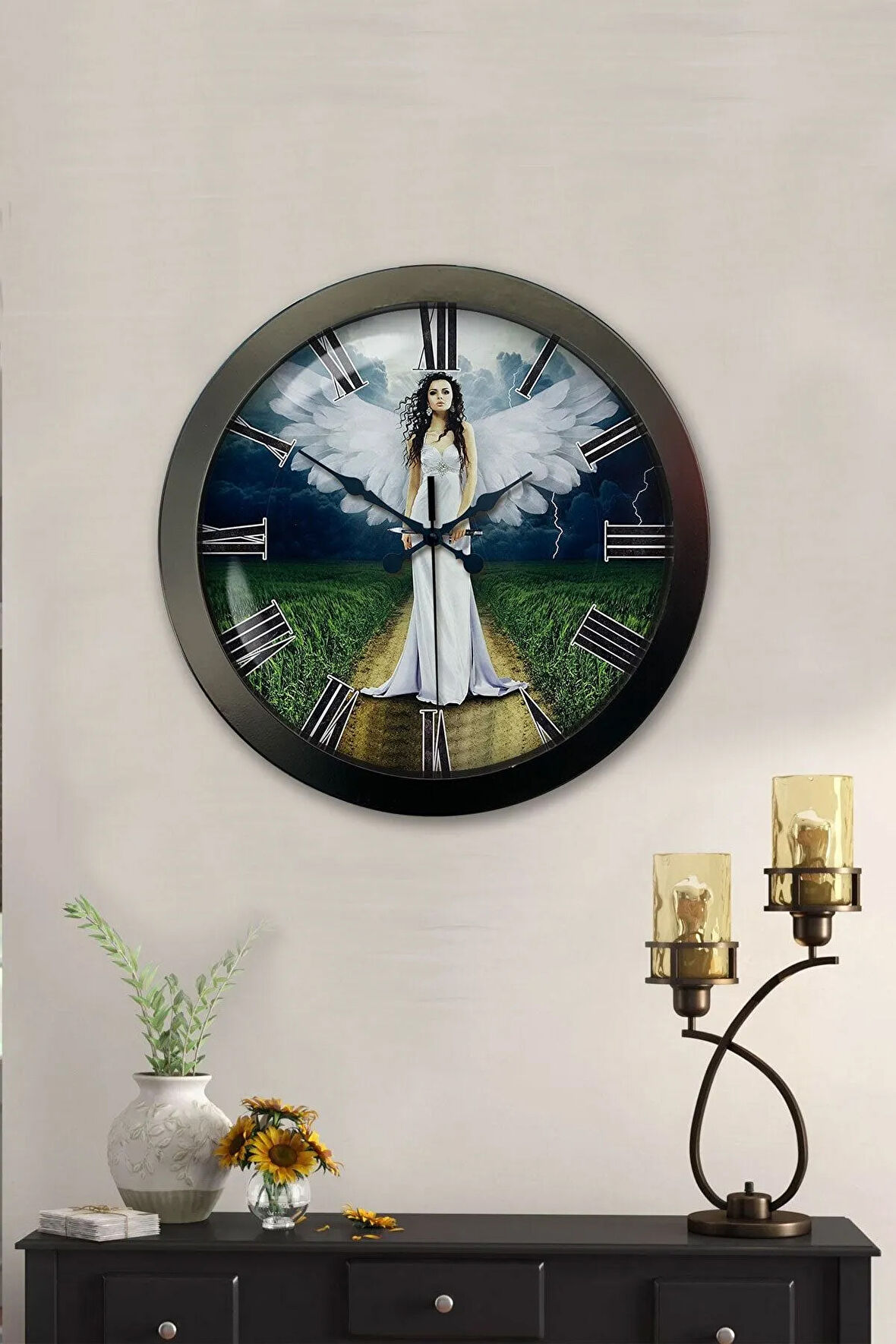 Hediyelik 36 Cm Siyah Metal Melek Duvar Saati