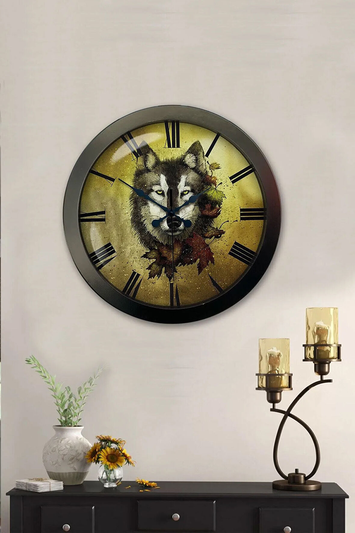 Hediyelik 36 Cm Siyah Metal Kurt Duvar Saati