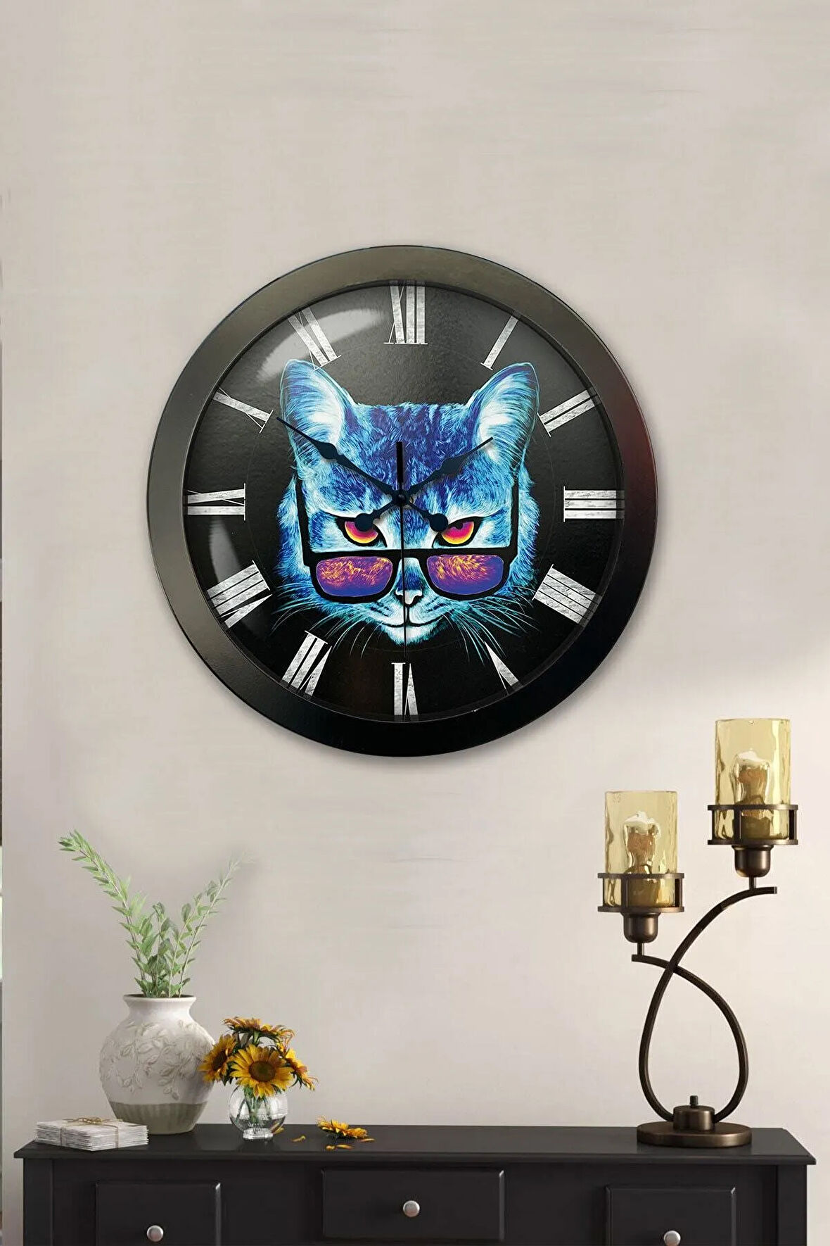 Hediyelik 36 Cm Siyah Metal Kedi Duvar Saati