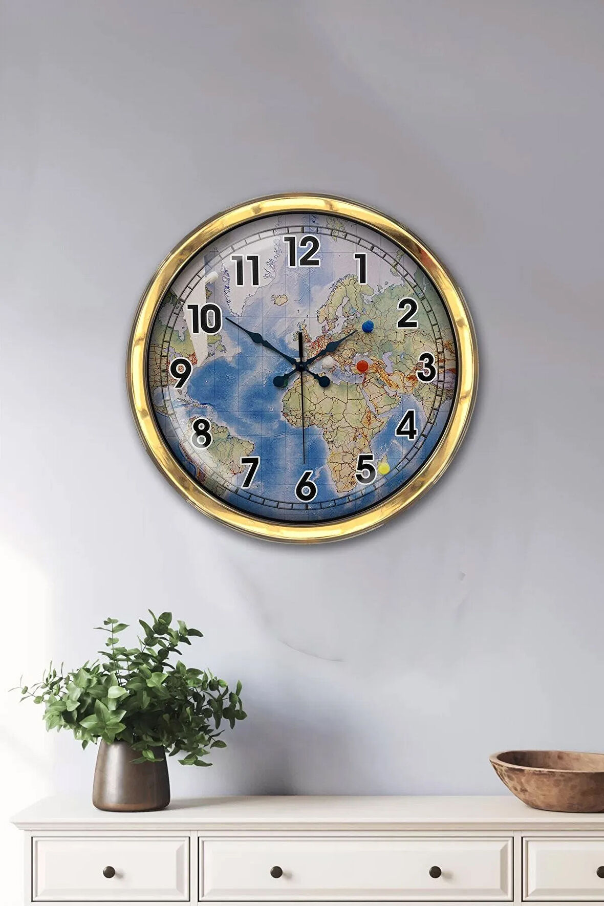 Hediyelik 40 Cm Gold Metal Harita Duvar Saati