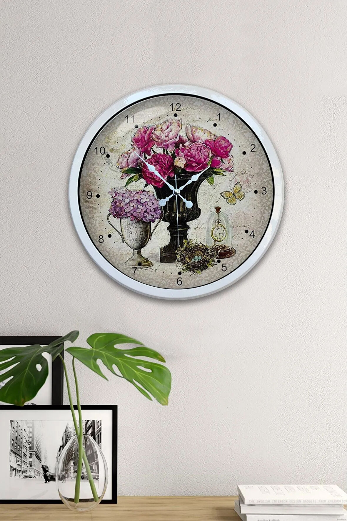 Hediyelik 40 Cm Beyaz Metal Pembe Çiçek Duvar Saati