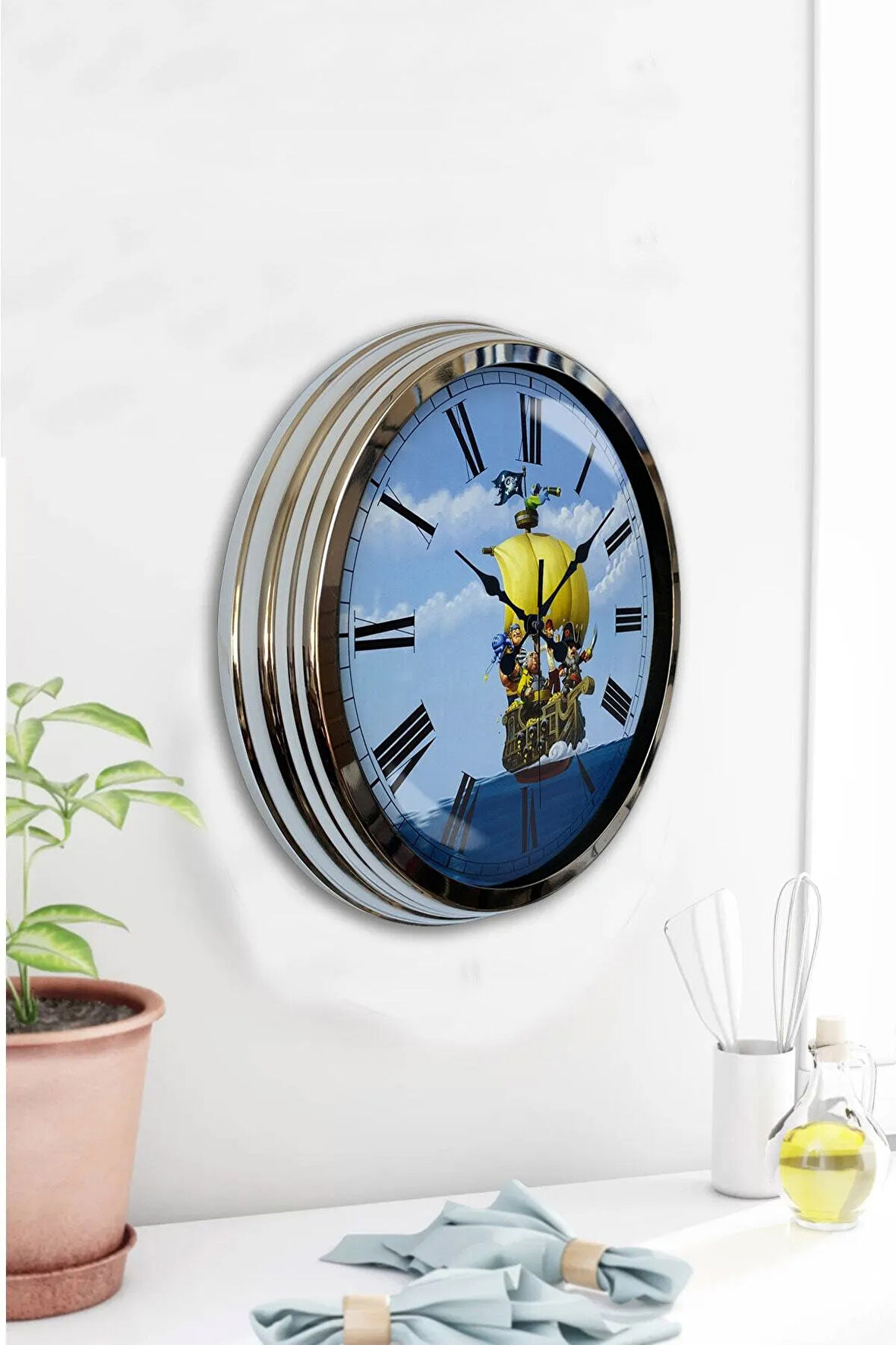 Hediyelik 40 Cm Krom Metal Korsan Turizm Duvar Saati