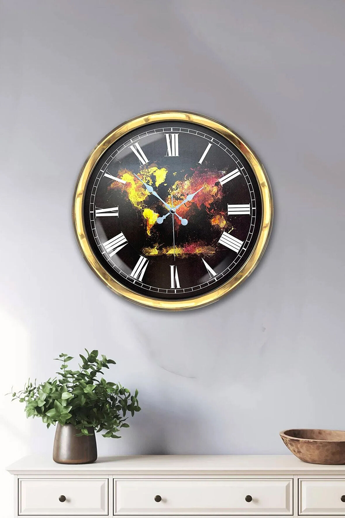 Hediyelik 40 Cm Gold Metal Dünya Haritası Duvar Saati