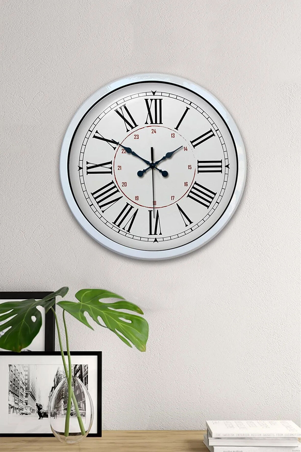 Dekoratif Hediyelik 40 Cm Beyaz Metal Roma Klasik Duvar Saati