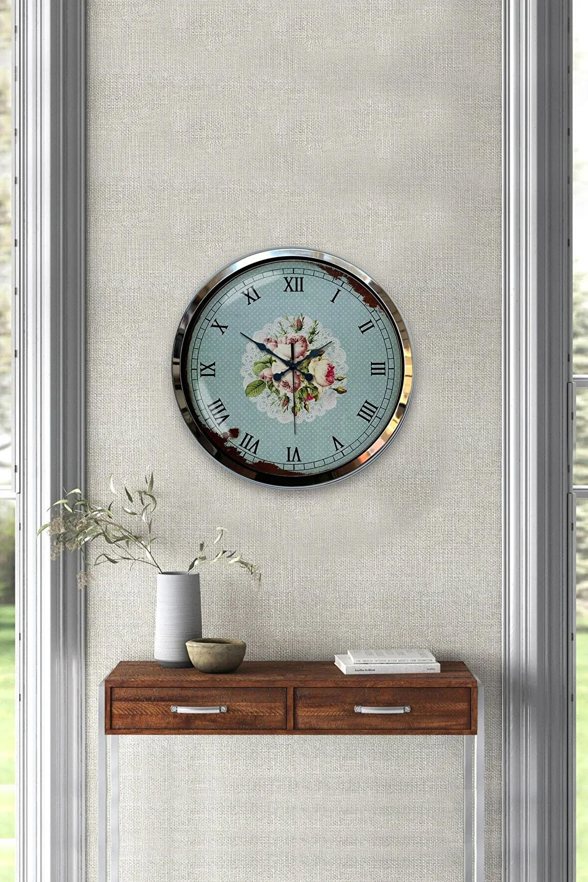 Hediyelik 40 Cm Krom Metal Pink Rose Duvar Saati