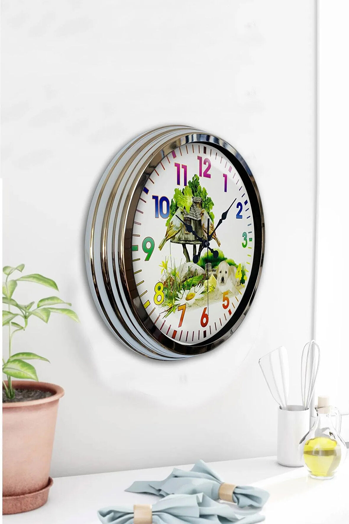 Hediyelik Dekoratif 40 Cm Krom Metal Doğal Yaşam Duvar Saati