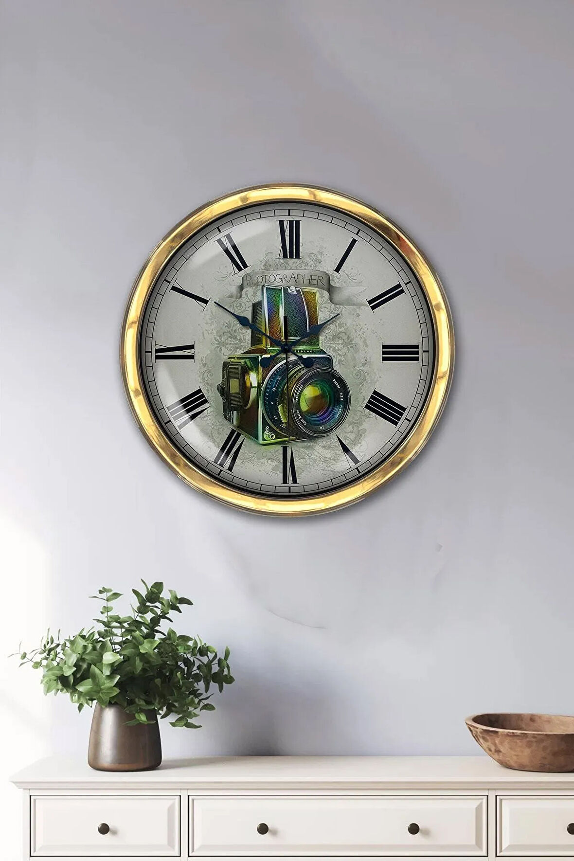 Hediyelik 40 Cm Gold Metal Fotoğraf Duvar Saati