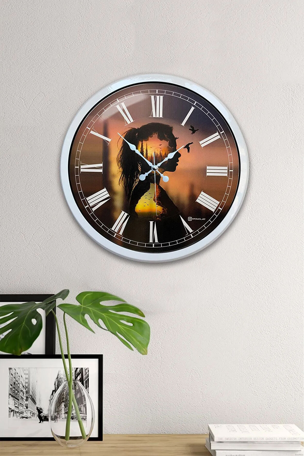 Hediyelik 40 Cm Beyaz Metal Naturalizm Duvar Saati