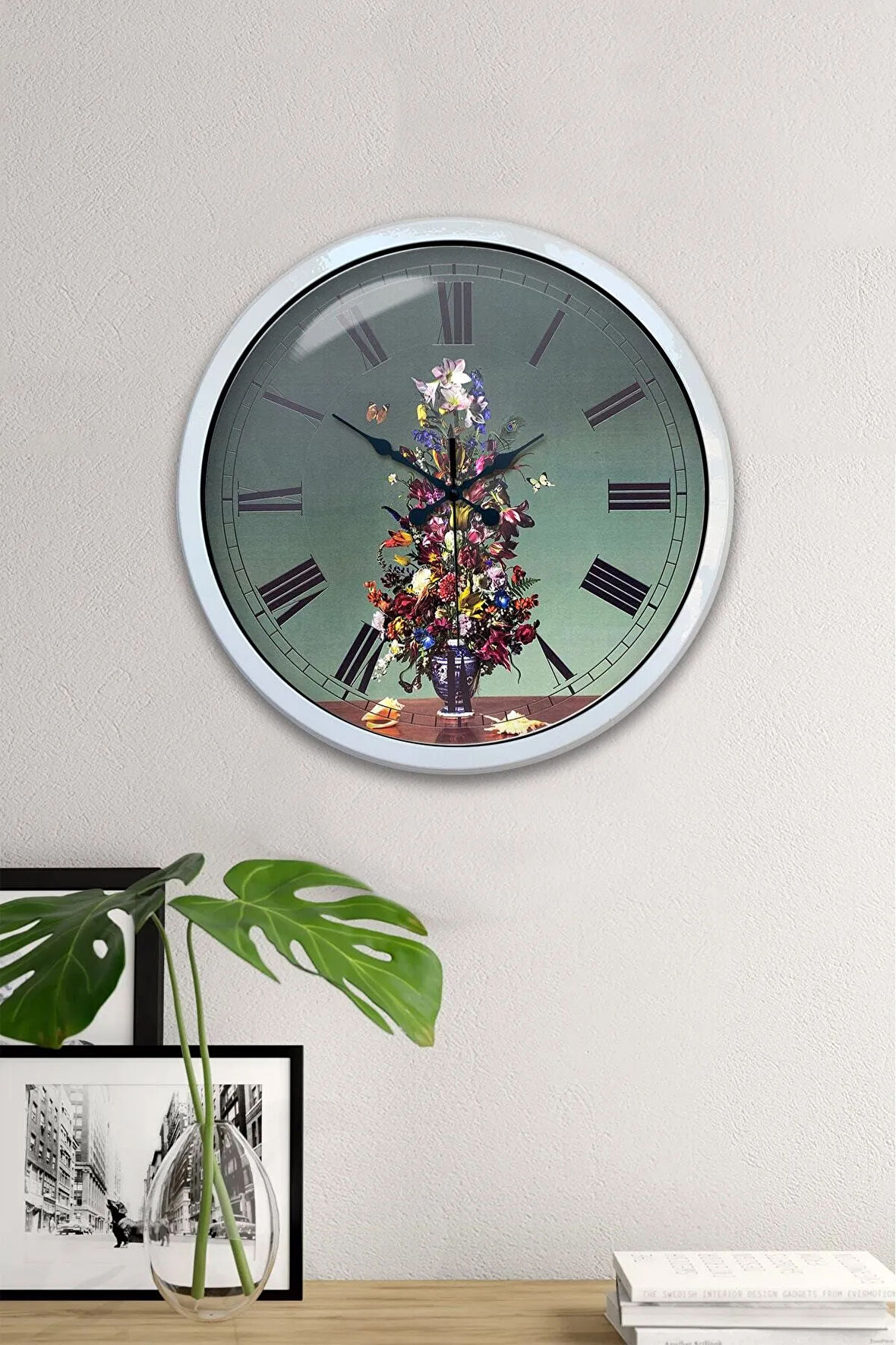 Hediyelik 40 Cm Beyaz Metal Vazolu Çiçek Duvar Saati