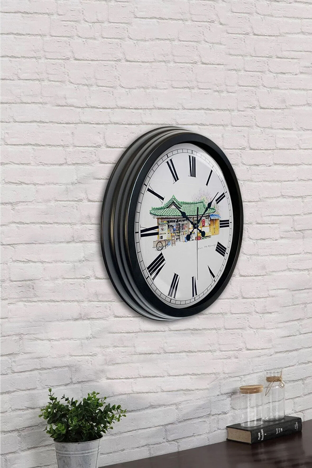 40 Cm Siyah Metal Köy Bakkalı Duvar Saati