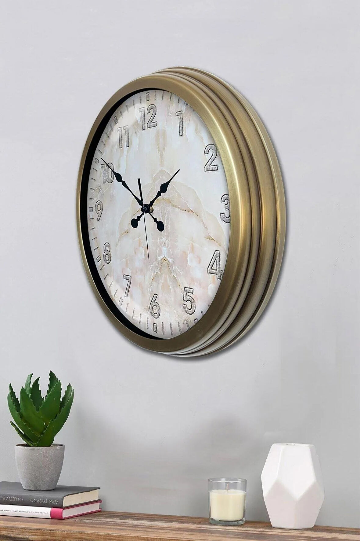 Duvar Saati 40 Cm Metal Beyaz Renk Mermer Desen Modeli