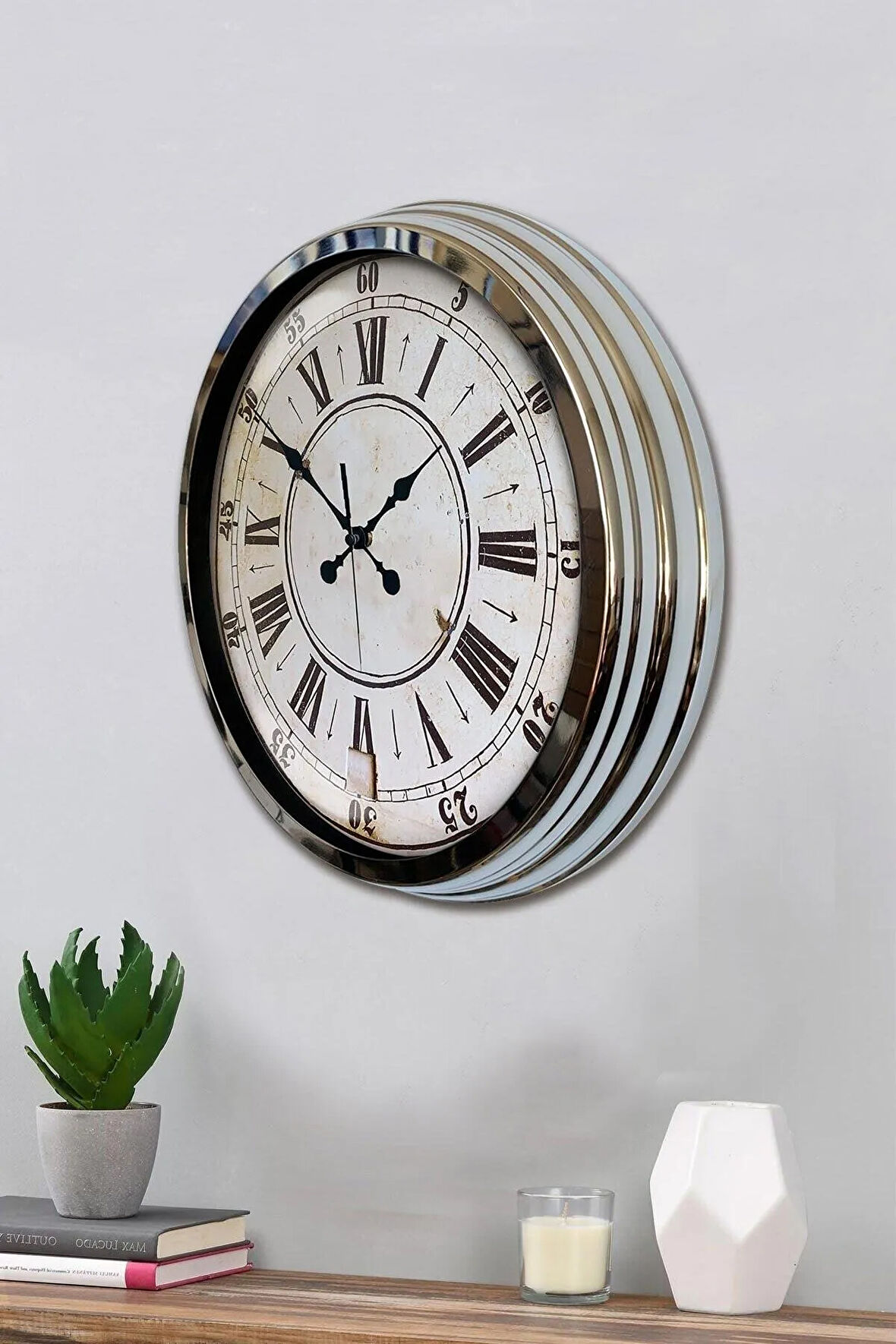 Hediyelik Duvar Saati 40 Cm Metal Krom Renk Retro Modeli
