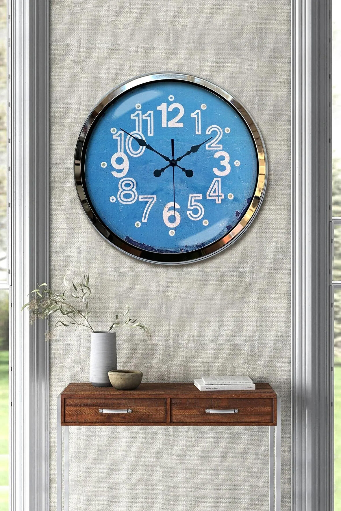 Hediyelik Duvar Saati 40 Cm Metal Krom Renk Mavi Modeli