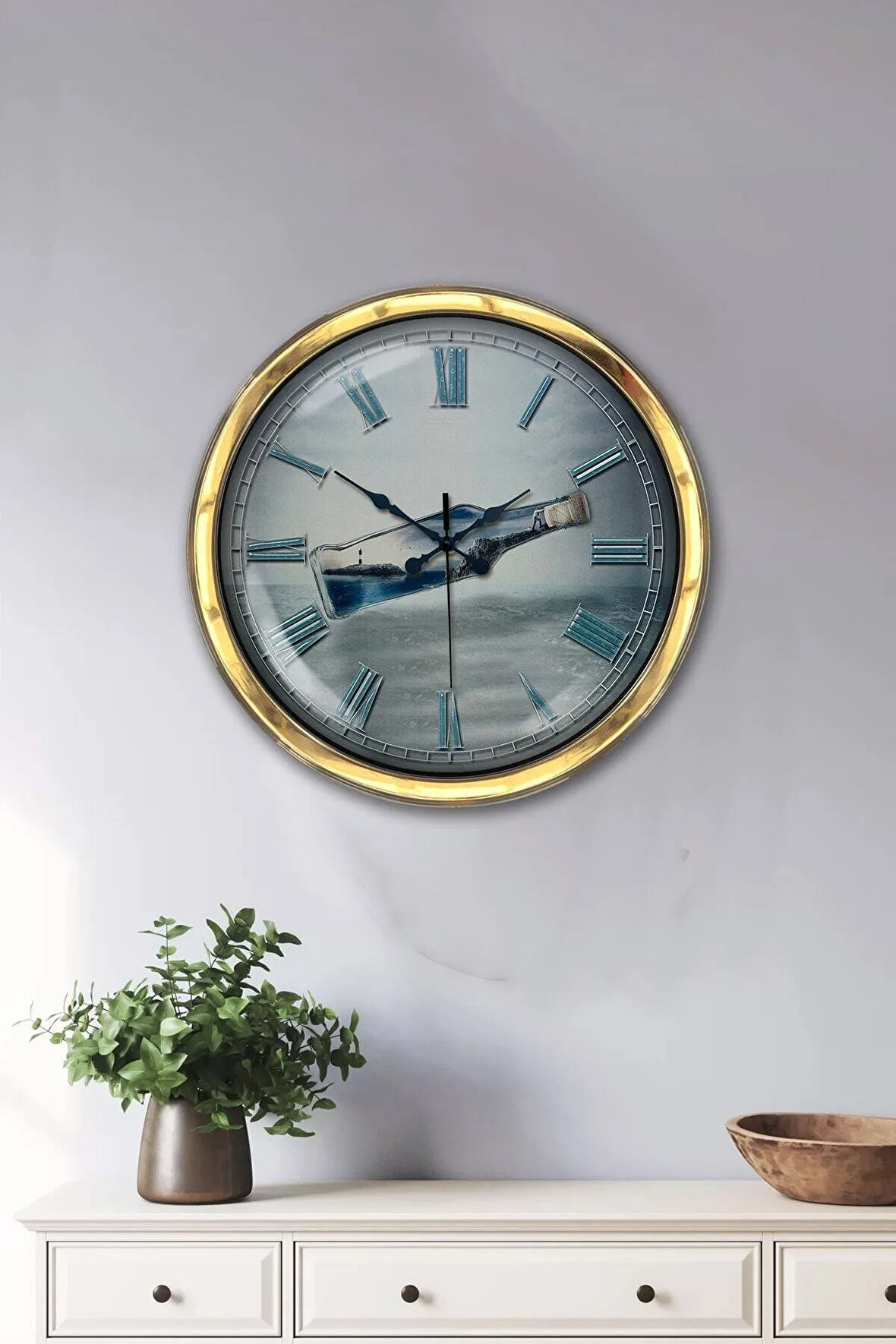 Hediyelik 40 Cm Gold Metal Kayıp Şişe Duvar Saati Clock