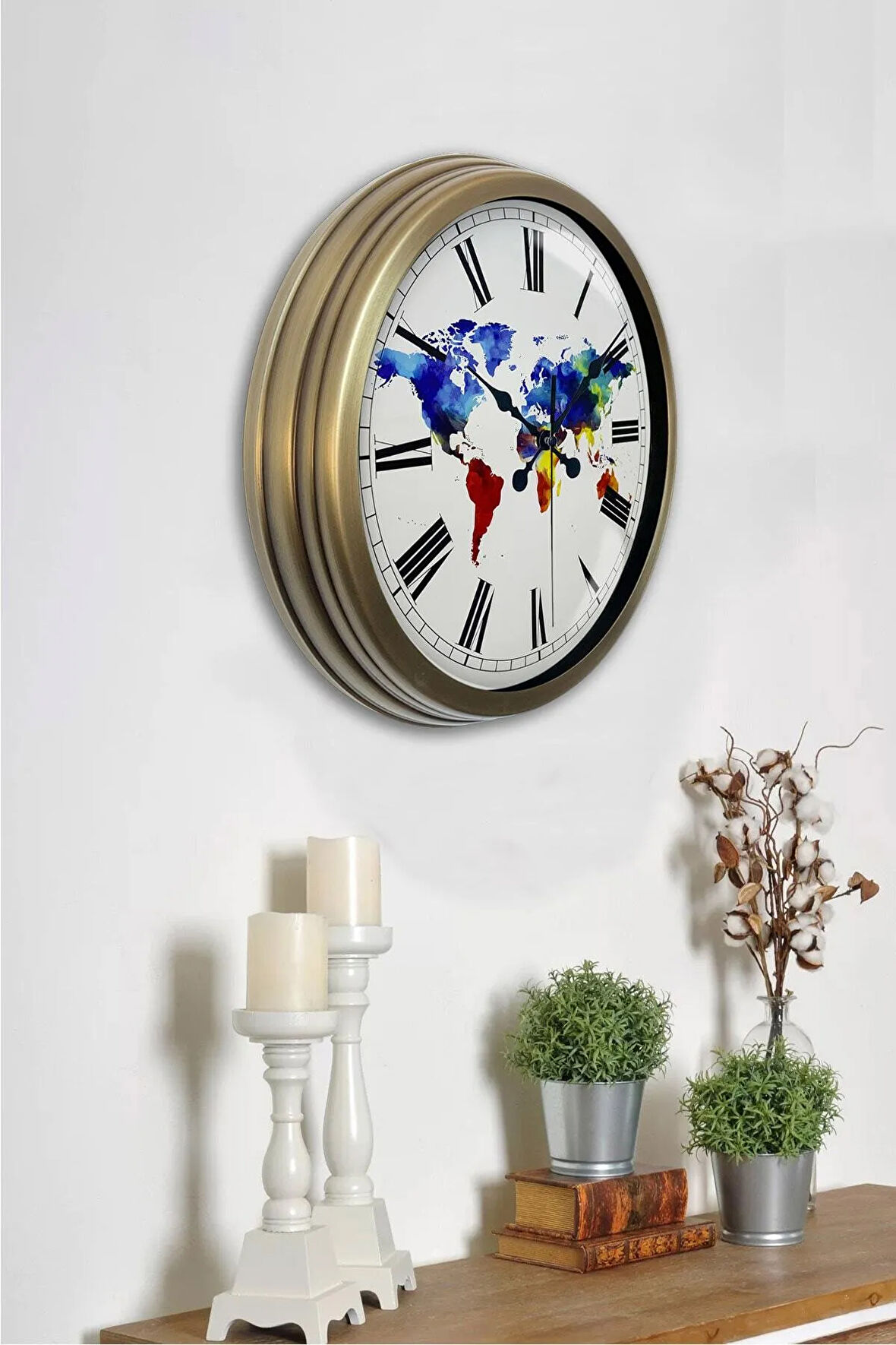 Hediyelik 40 Cm Eskitme Metal Harita Duvar Saati