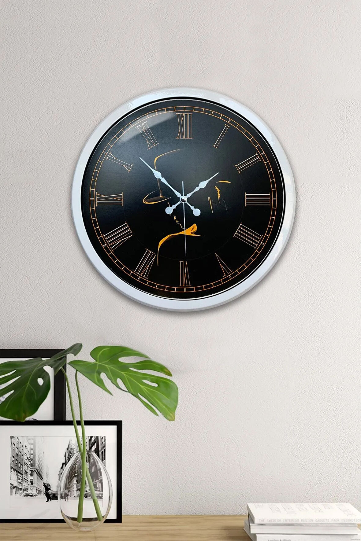 Hediyelik 40 Cm Beyaz Metal Profil Duvar Saati