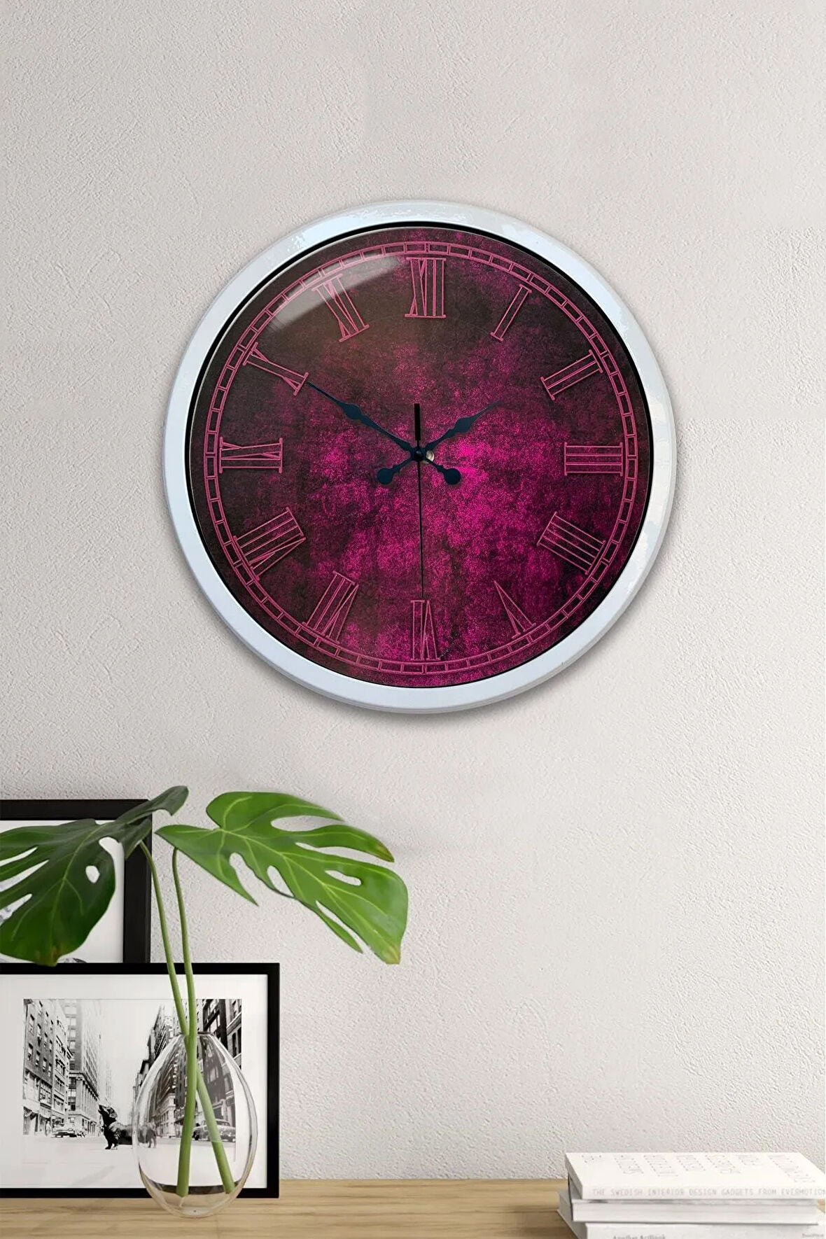 Hediyelik 40 Cm Beyaz Metal Mor Duvar Saati