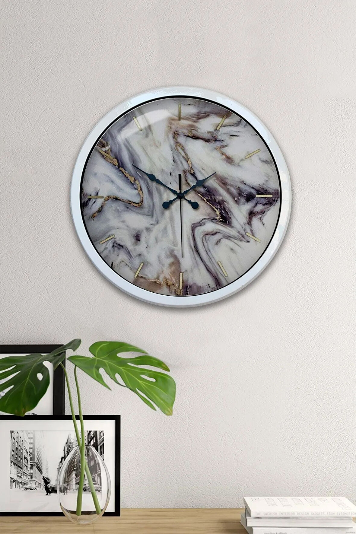 40 Cm Beyaz Metal Mermer Desenli Duvar Saati