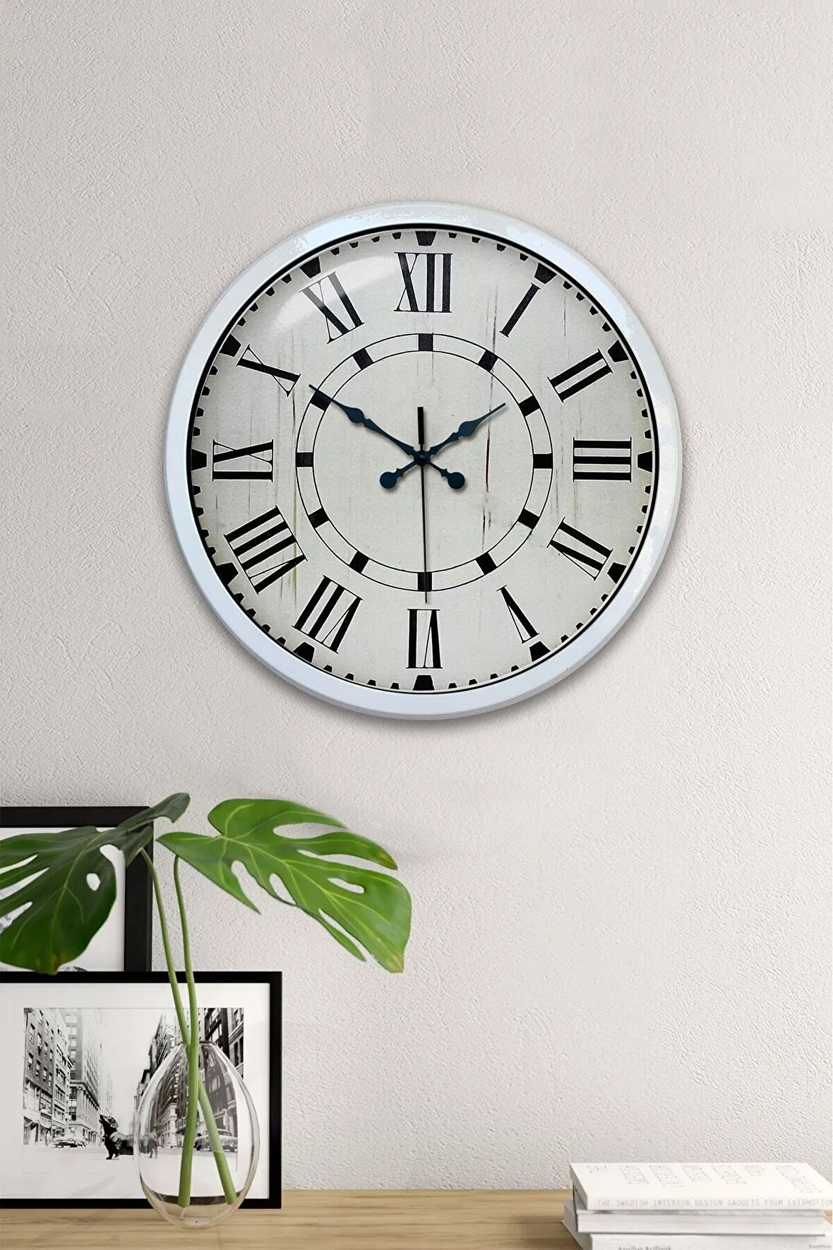 40 Cm Beyaz Metal Klasik Roma Duvar Saati