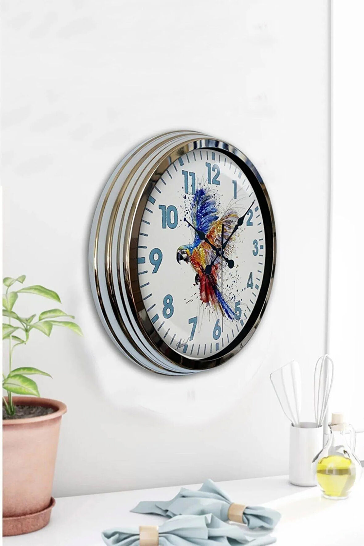 Hediyelik 40 Cm Krom Metal Bird Duvar Saati