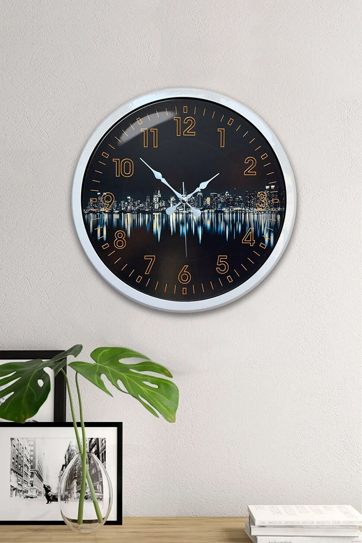 Hediyelik 40 Cm Beyaz Metal Yansıma Duvar Saati