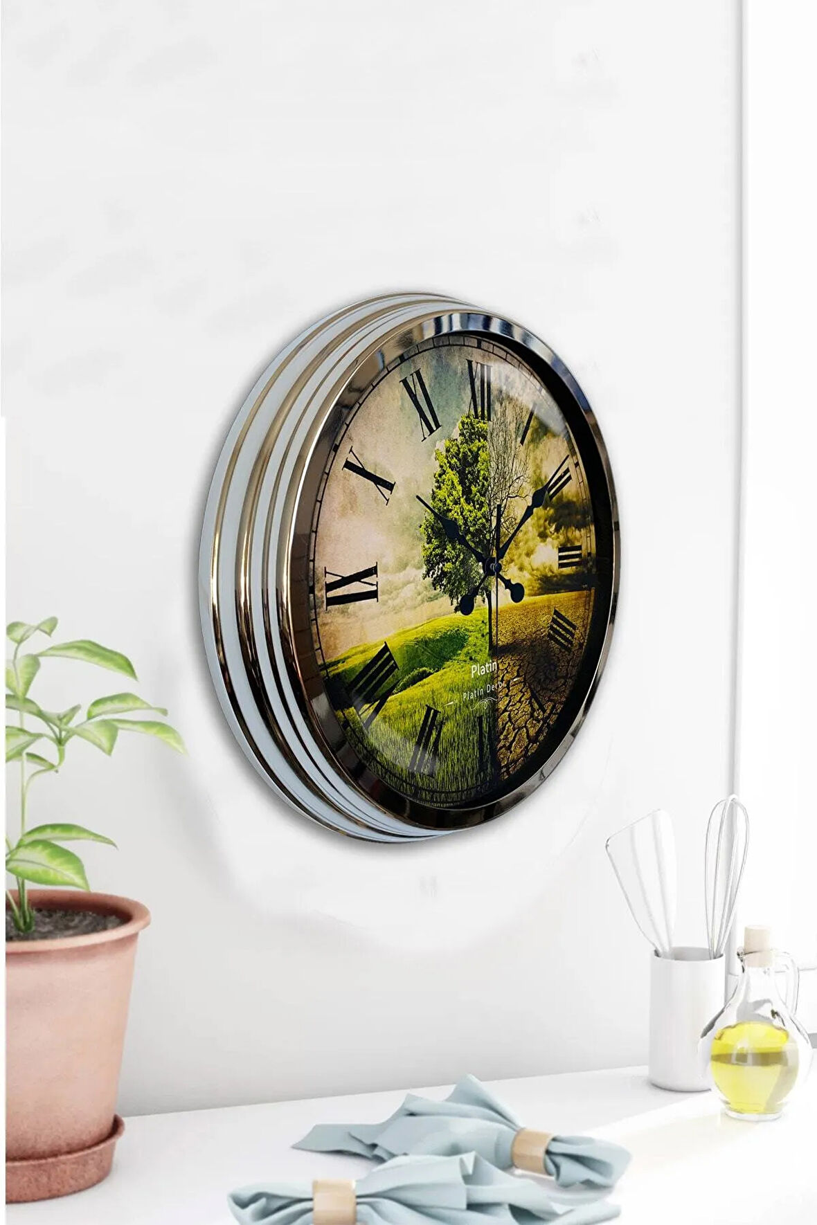 Hediyelik 40 Cm Krom Metal Iklim Duvar Saati