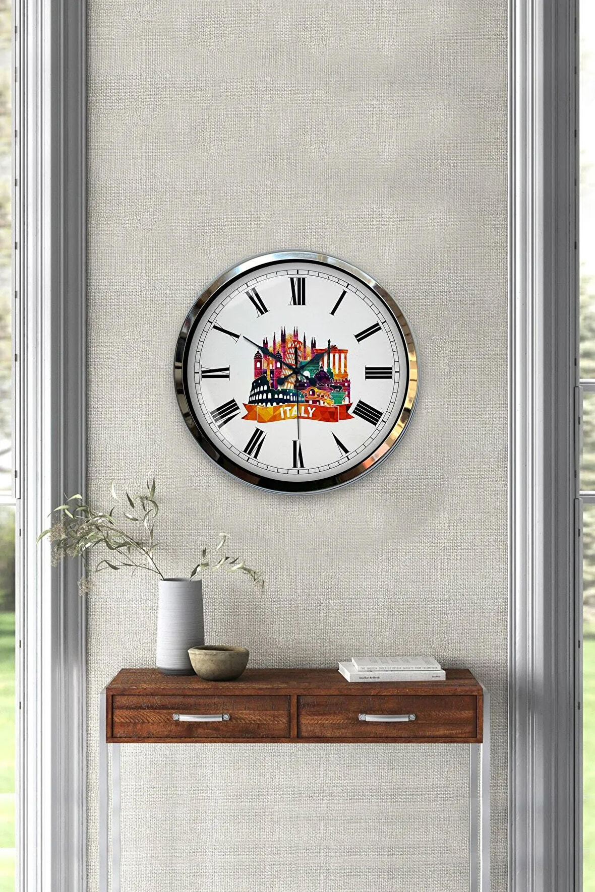 40 Cm Krom Metal Italy Temalı Duvar Saati