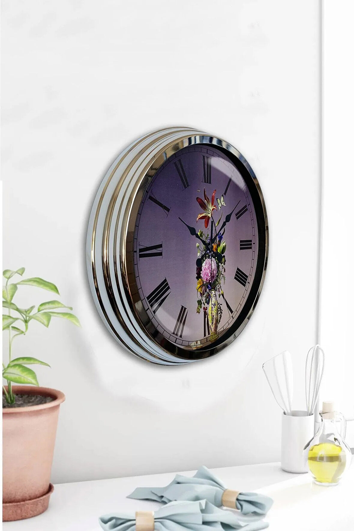 Hediyelik 40 Cm Krom Metal Çiçek Duvar Saati