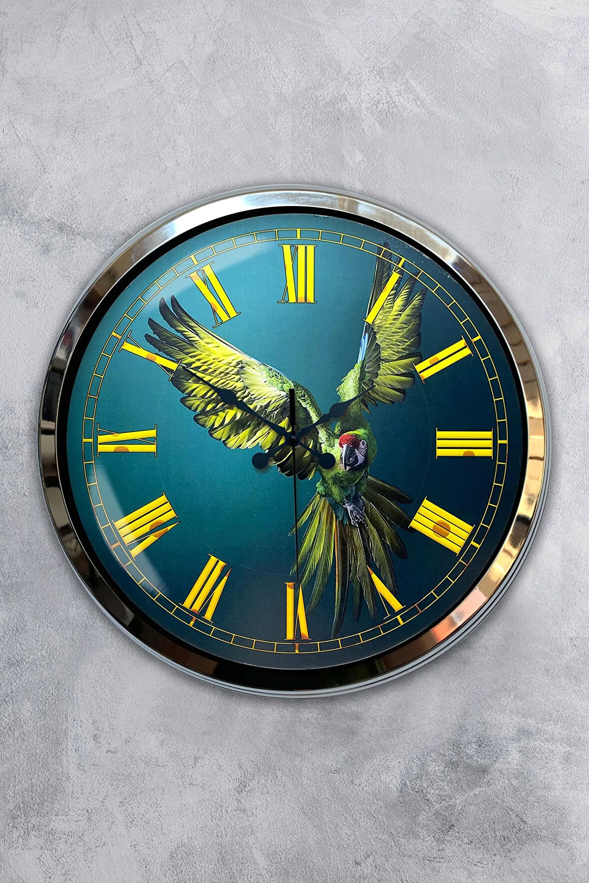 Hediyelik 40 Cm Krom Metal Papağan Duvar Saati