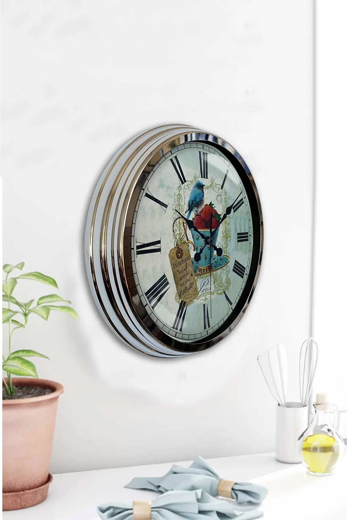 Hediyelik 40 Cm Krom Metal Kitchen Duvar Saati