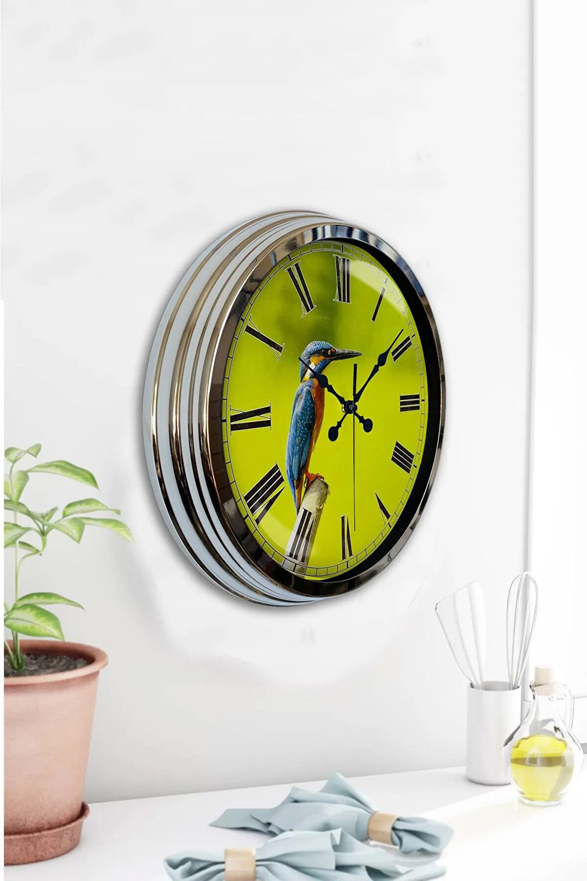 Hediyelik 40 Cm Krom Metal Kuşlu Duvar Saati