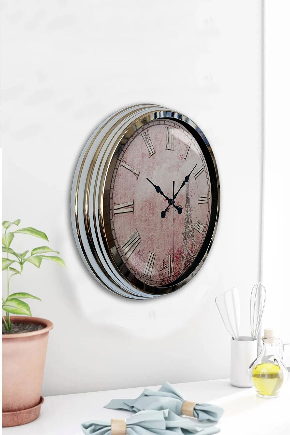 Hediyelik 40 Cm Krom Metal Paris Duvar Saati