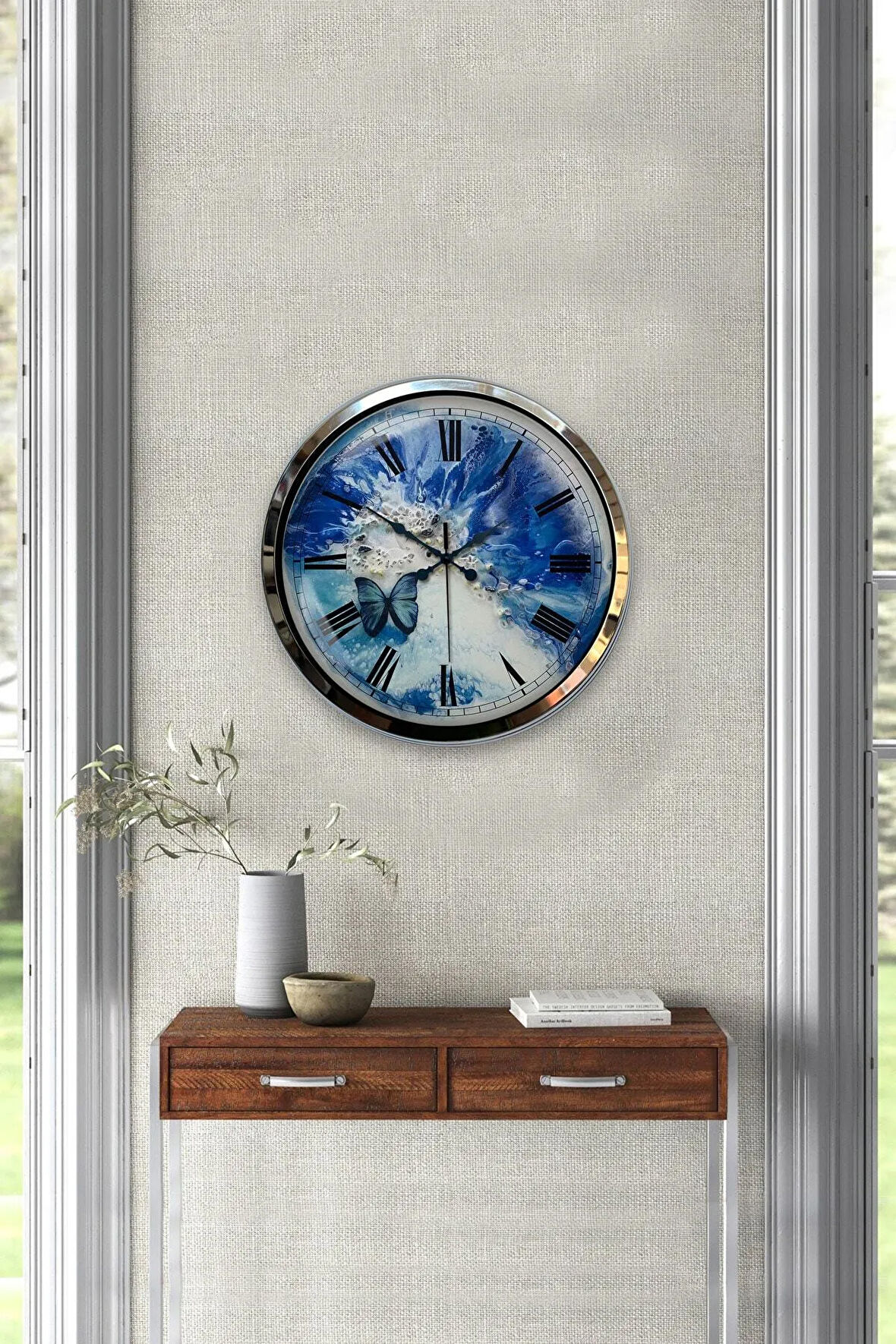 Hediyelik 40 Cm Krom Metal Kelebek Duvar Saati