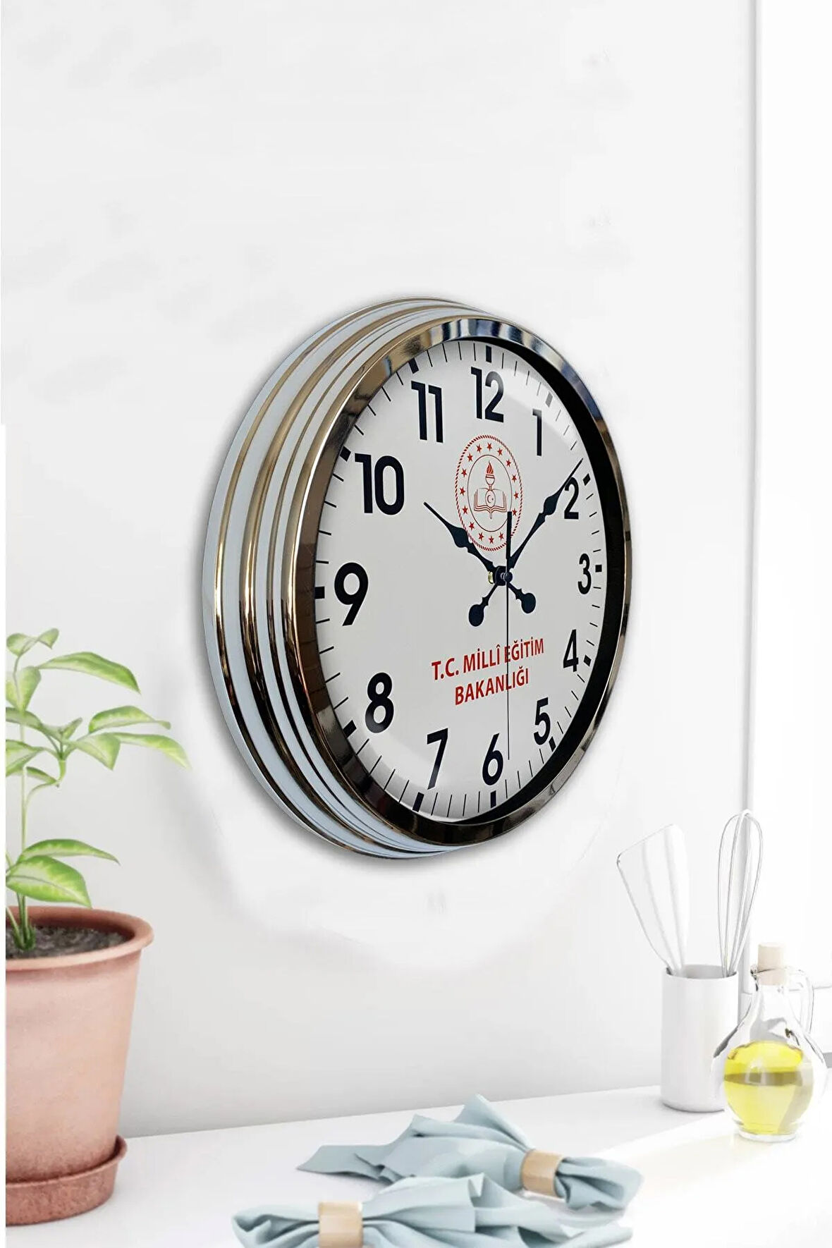 40 Cm Krom Metal Milli Eğitim Duvar Saati