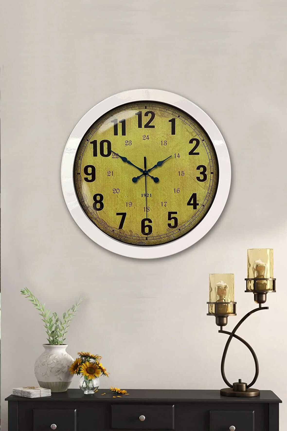 Hediyelik 36 Cm Beyaz Metal Sarı Duvar Saati