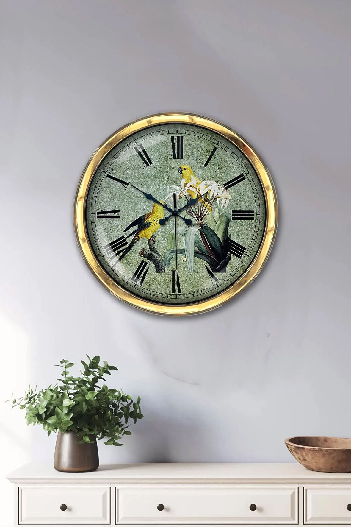 Hediye 40 Cm Gold Metal Kuşlar Duvar Saati