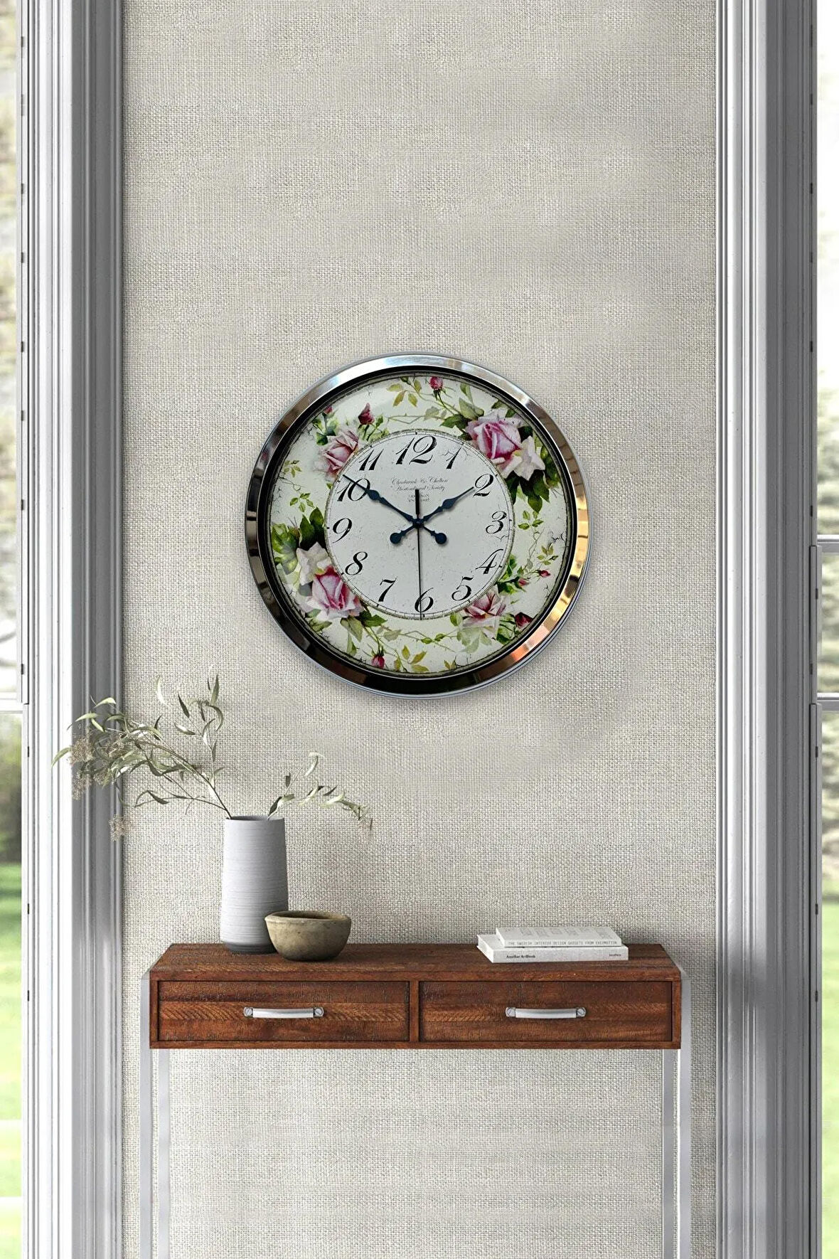 Hediyelik Dekoratif 40 Cm Krom Metal Çiçek Duvar Saati