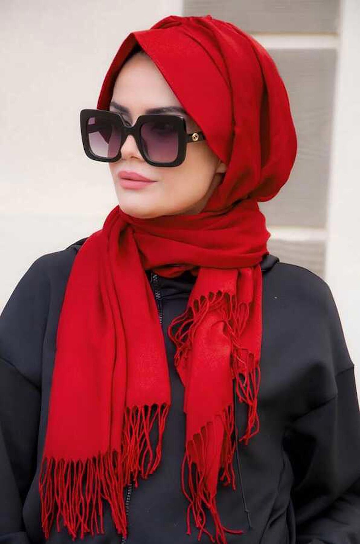 Bordo Koton Şapkalı Şal - 50800