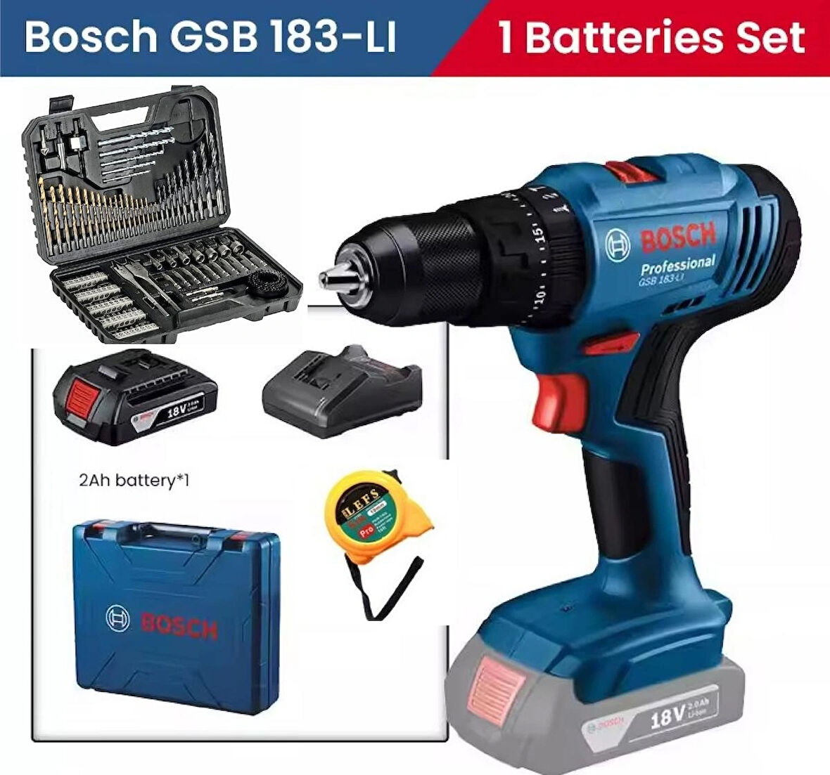 Gsb 183 Li Darbeli Tek BATARYALI Matkap Vidalama , Bosch 103 Parça Uç Aksesuar Seti ve Metre