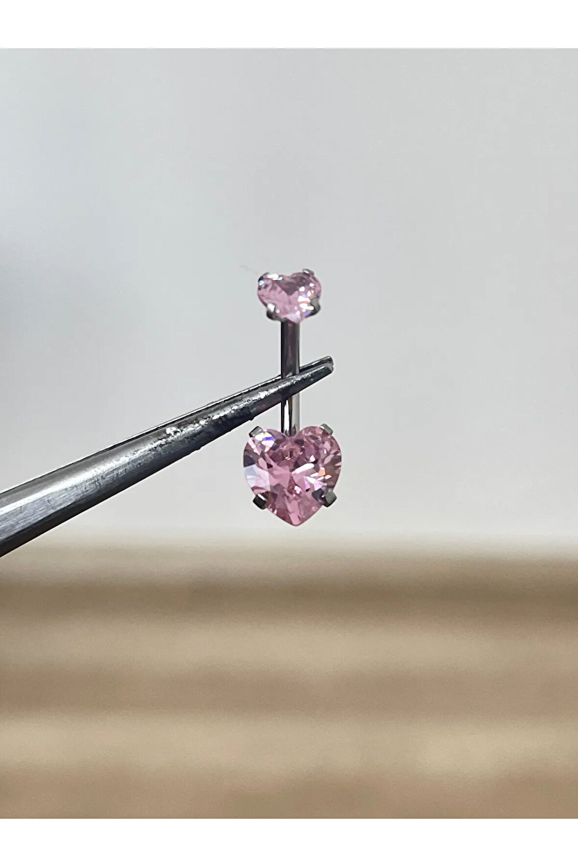 316 L Cerrahi Çelik Zirkon Taşlı Kalp Detaylı Göbek Piercingi Pembe