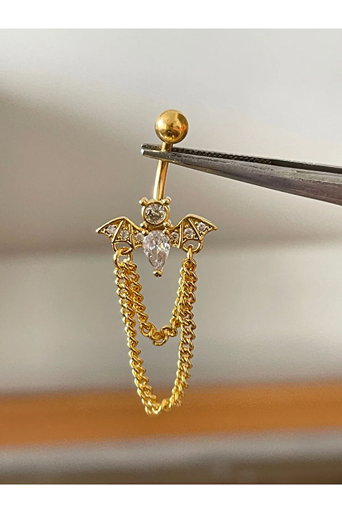 316 L Cerrahi Çelik Yarasa Modeli Gold Renginde Zirkon Taşlı Göbek Piercingi