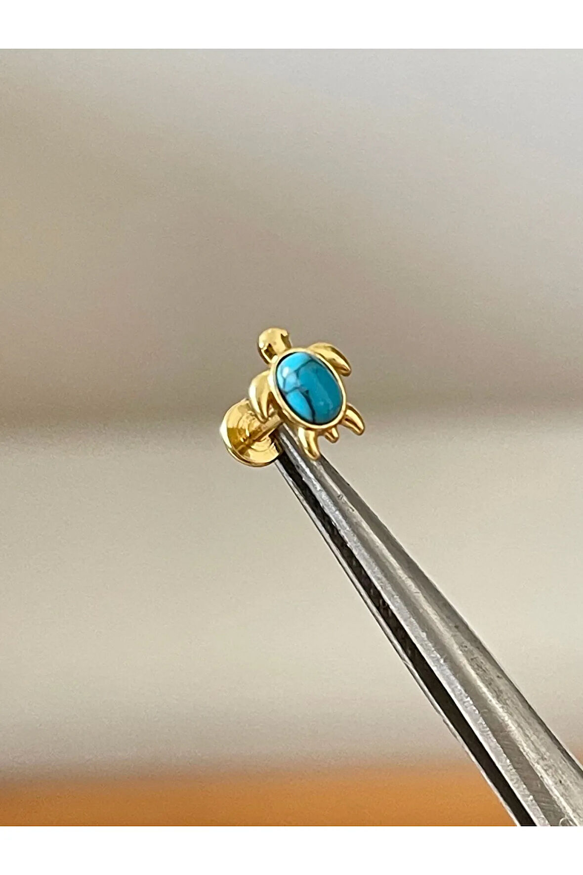 316L Cerrahi Çelik Firuze Taşı Detaylı Kaplumbağa Piercing Dudak Kıkırdak Helix Tragus Piercingi